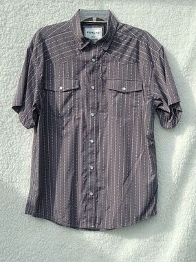 PONCHO Short-Sleeve Button-Down Shirt in Dark Brown Stripe